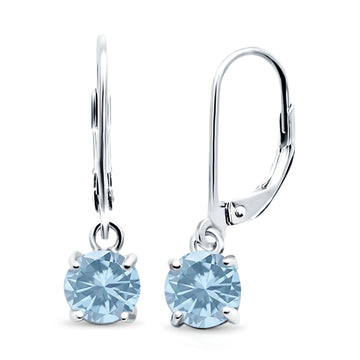 Lever Back Earring Round Simulated Aquamarine CZ 925 Sterling Silver (2mm-10mm)